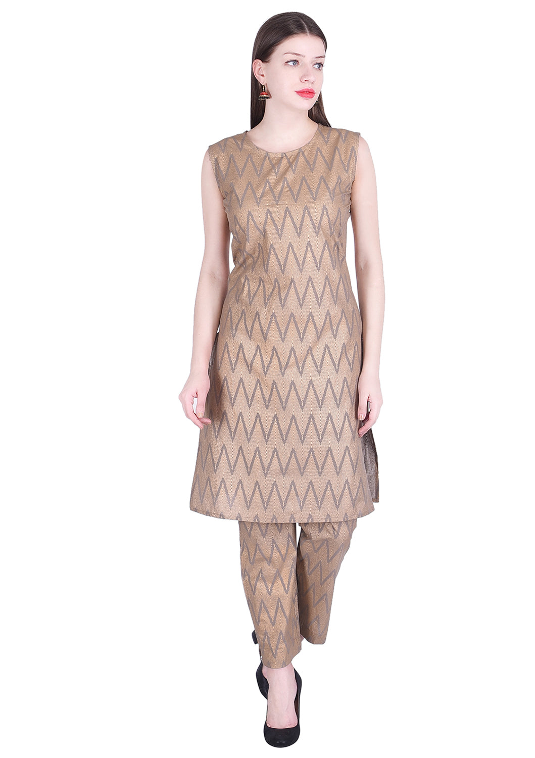 Brown Gold Printed Straight Cotton Kurta with Pant