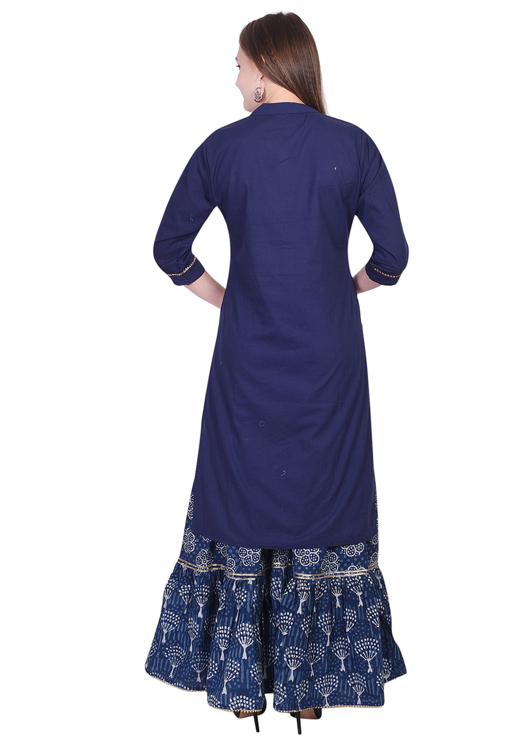 Embroidered Blue Cotton Kurta with Indigo Printed Sharara