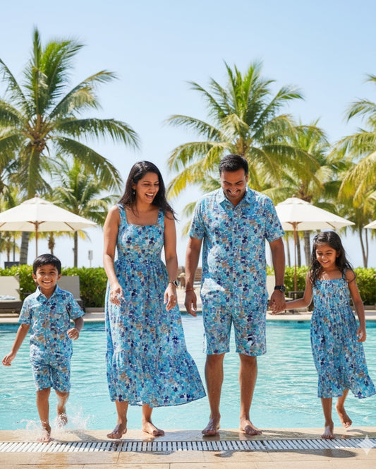 Family Matching Co Ord Set –Pool Party  Combo Sky Blue– Printed