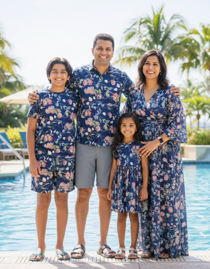 Family Matching Combo Navy Blue Floral Print Dress for Vacation & Pool Party