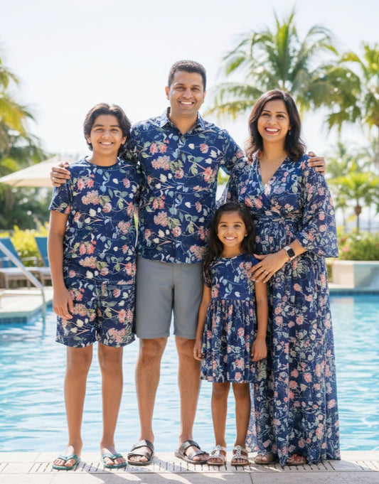Family Matching Combo Navy Blue Floral Print Dress for Vacation & Pool Party