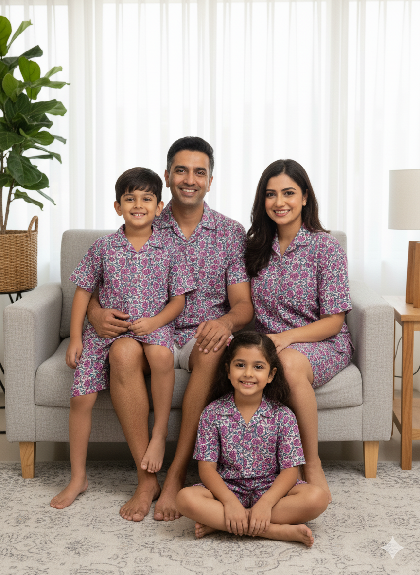 Family Matching Co Ord Set – Love Print Purple Vacation Combo