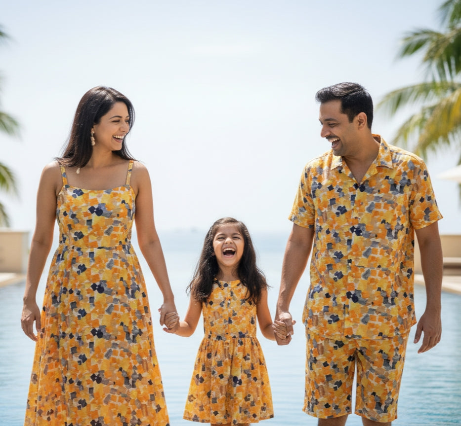 Family Matching Co Ord Set –Pool Party  Combo Mustard– Printed