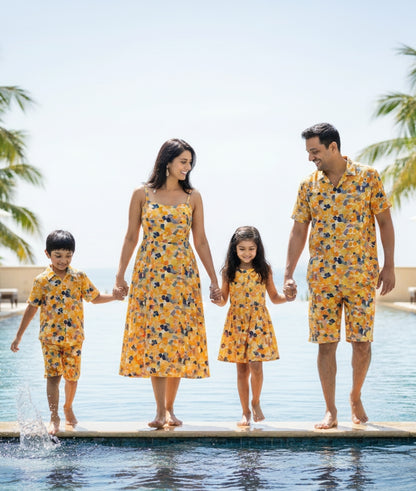 Family Matching Co Ord Set –Pool Party  Combo Mustard– Printed