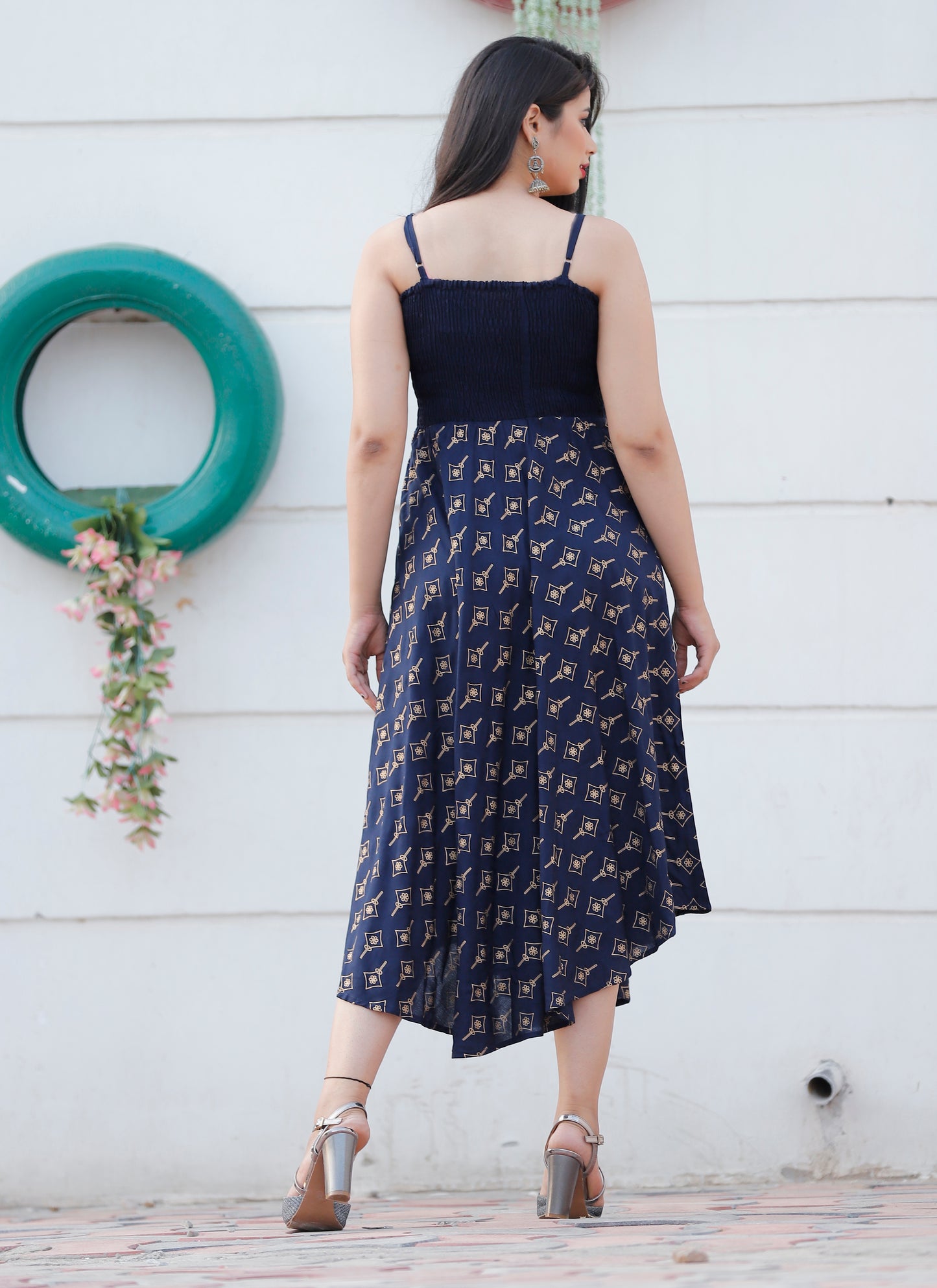 Navy Blue Gold Booti Printed Shoulder Straps Long Gown