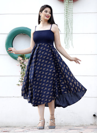 Navy Blue Gold Booti Printed Shoulder Straps Long Gown
