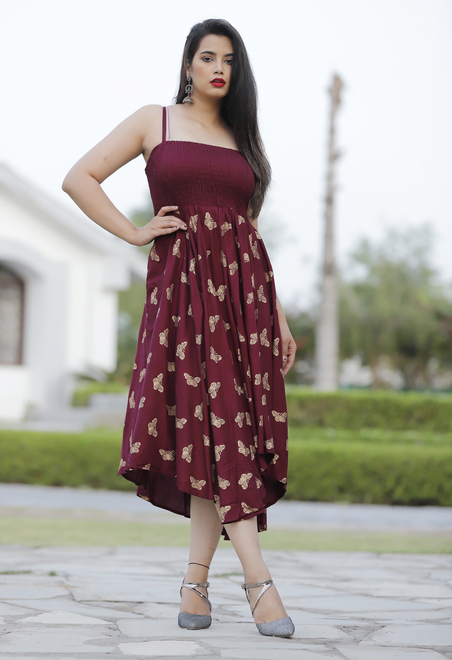 Wine Gold Butterfly Printed Shoulder Straps Long Gown