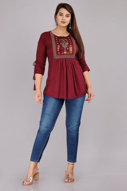 Wine Color 3/4th Sleeve Embroidered Top