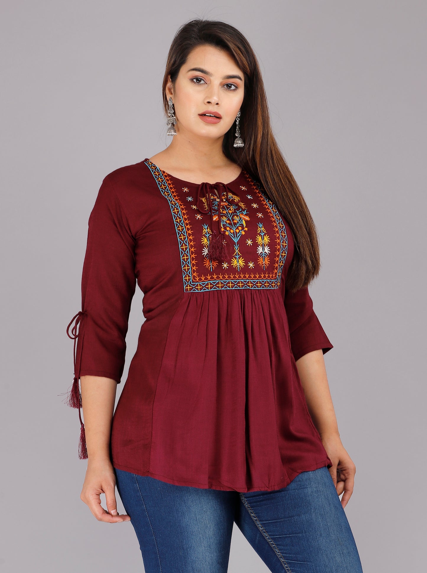 Wine Color 3/4th Sleeve Embroidered Top