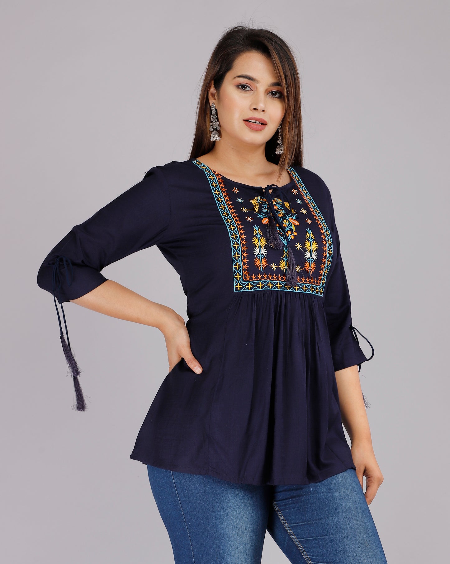 Solid Navy Blue Color 3/4th Sleeve Embroidered Top