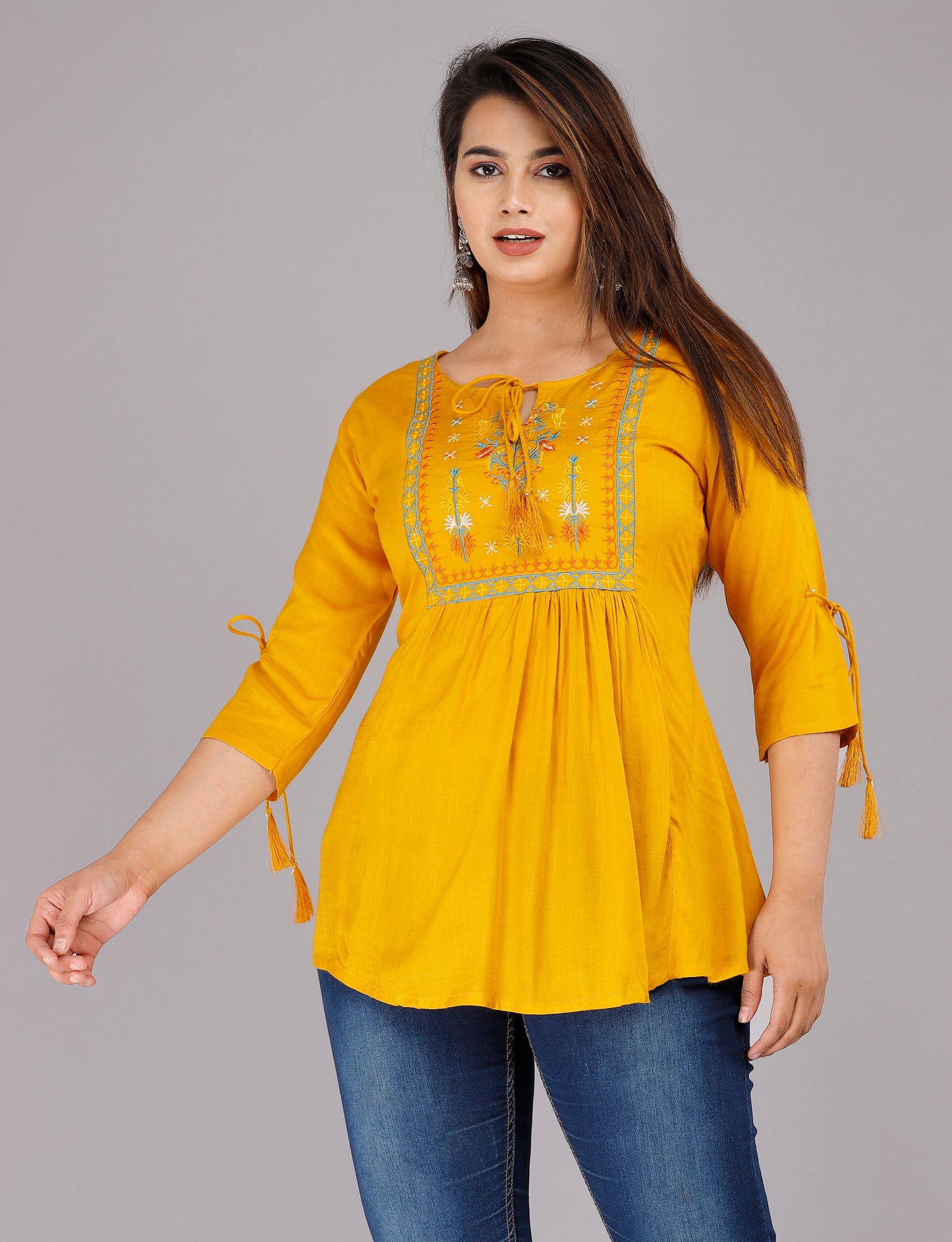 Mustard Yellow Color 3/4th Sleeve Embroidered Top
