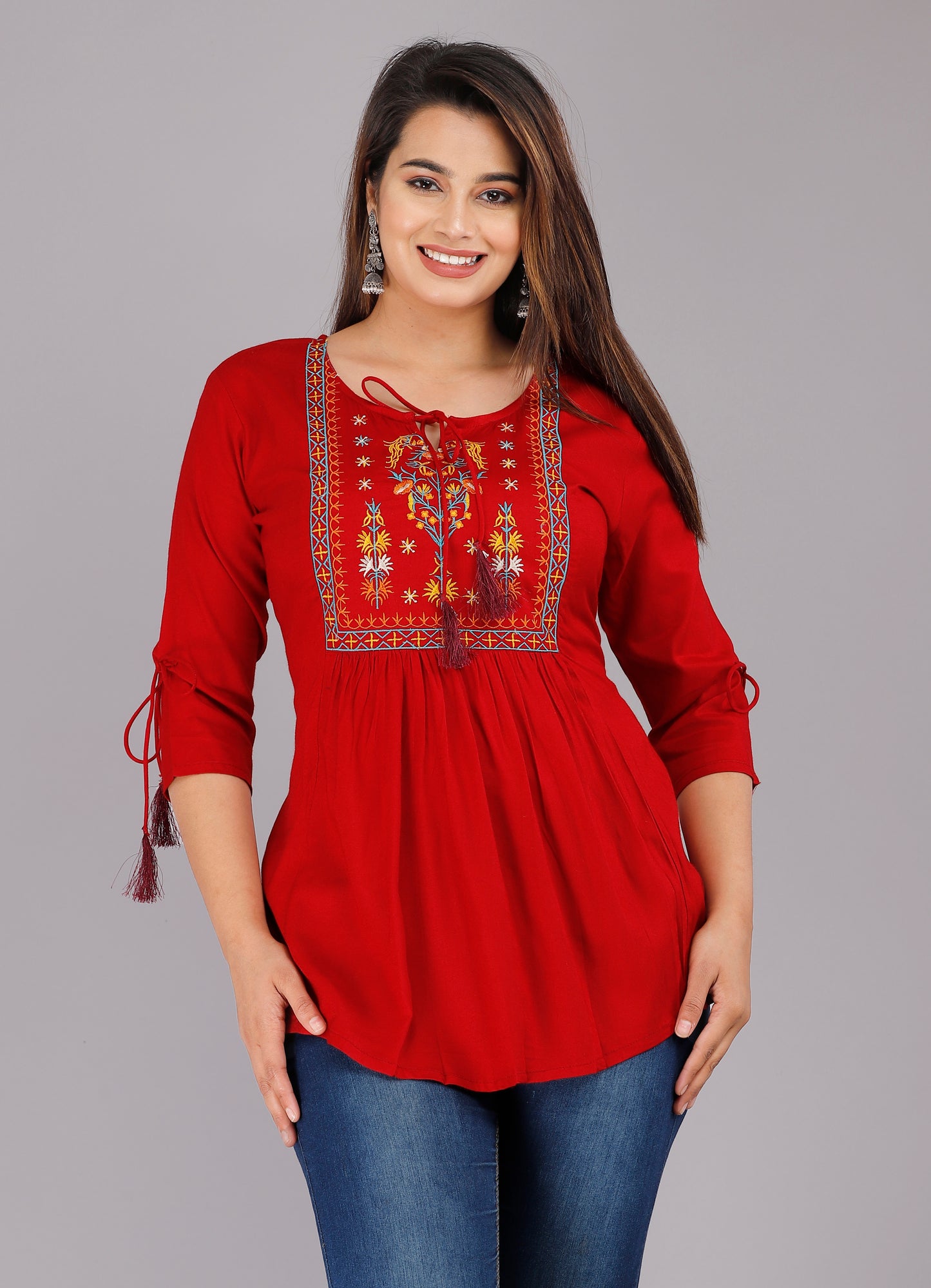 Round Neck Maroon Embroidered Top
