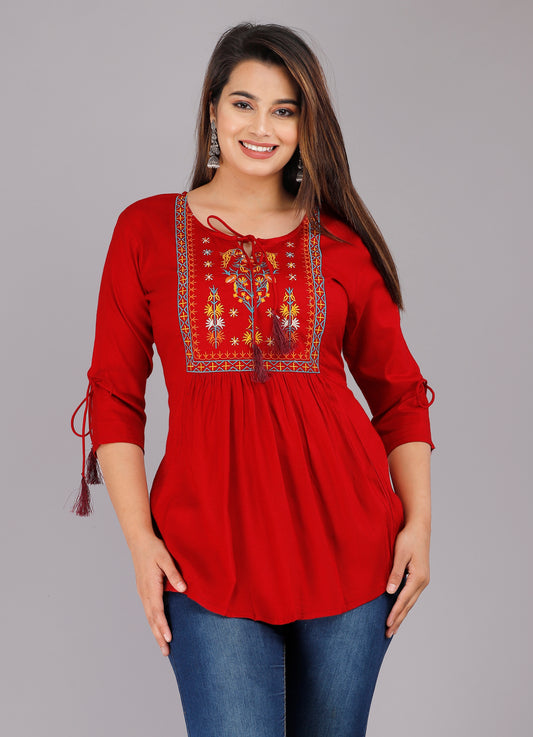 Round Neck Maroon Embroidered Top
