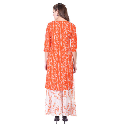 Orange Bandhej Printed Kurta with Skirt and Dupatta