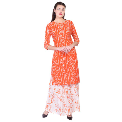 Orange Bandhej Printed Kurta with Skirt and Dupatta