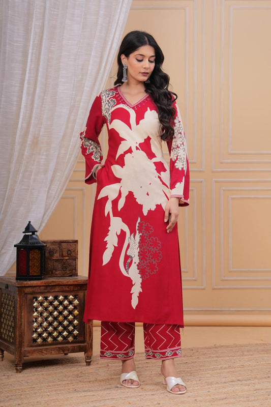 Discharge Printed V Neck Hand Work Red A-line Kurta Pant with Pant