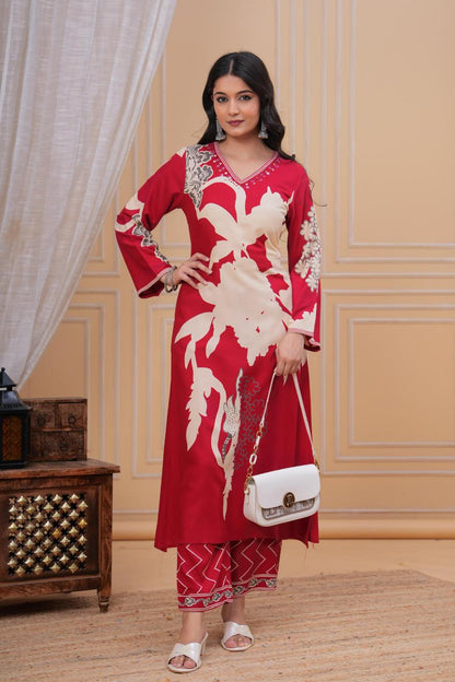 Discharge Printed V Neck Hand Work Red A-line Kurta Pant with Pant