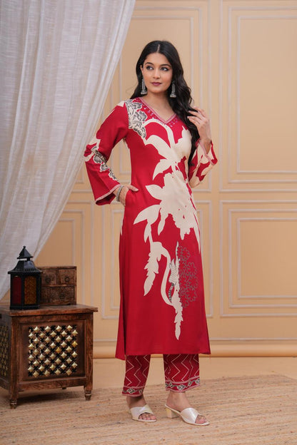 Discharge Printed V Neck Hand Work Red A-line Kurta Pant with Pant