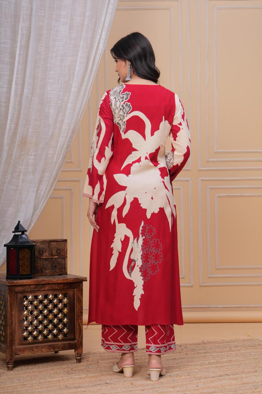 Discharge Printed V Neck Hand Work Red A-line Kurta Pant with Pant