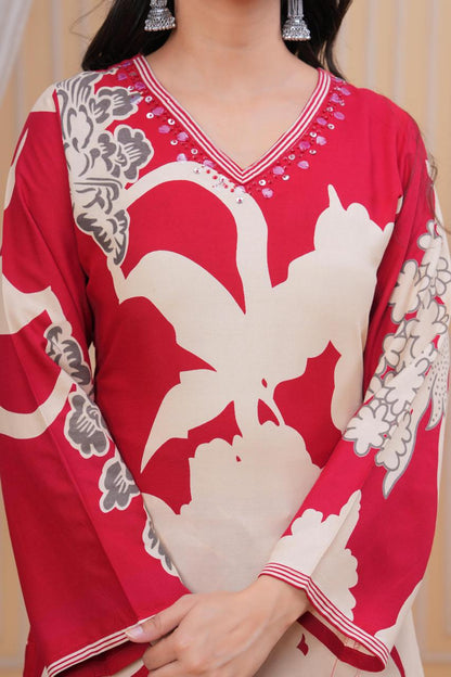 Discharge Printed V Neck Hand Work Red A-line Kurta Pant with Pant