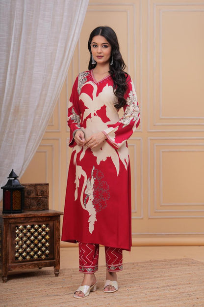 Discharge Printed V Neck Hand Work Red A-line Kurta Pant with Pant