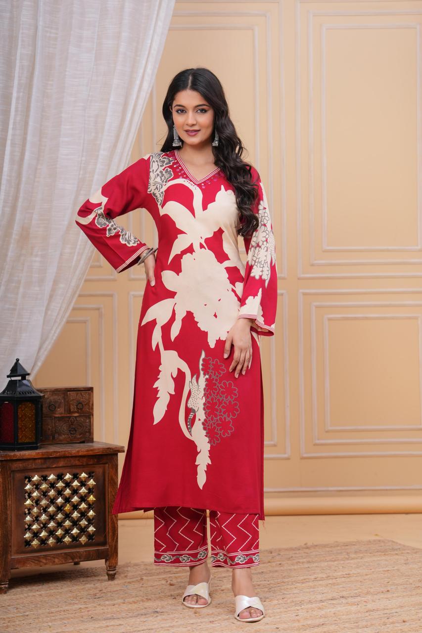 Discharge Printed V Neck Hand Work Red A-line Kurta Pant with Pant