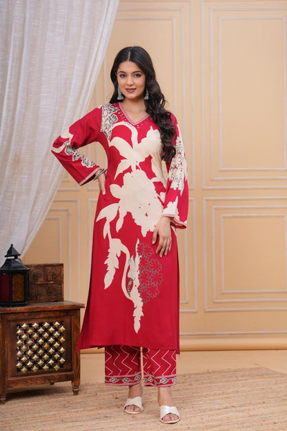 Discharge Printed V Neck Hand Work Red A-line Kurta Pant with Pant