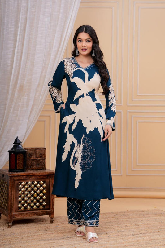 Dischange Printed V Neck Hand Work Green A-line Kurta with Pant