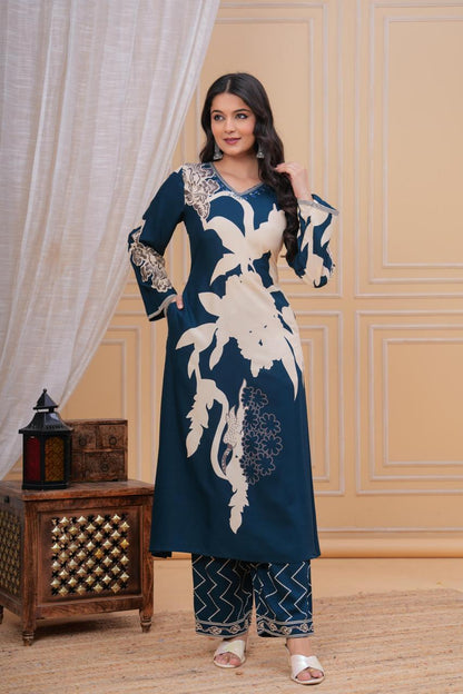 Dischange Printed V Neck Hand Work Green A-line Kurta with Pant