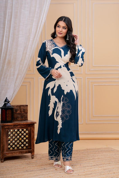 Dischange Printed V Neck Hand Work Green A-line Kurta with Pant