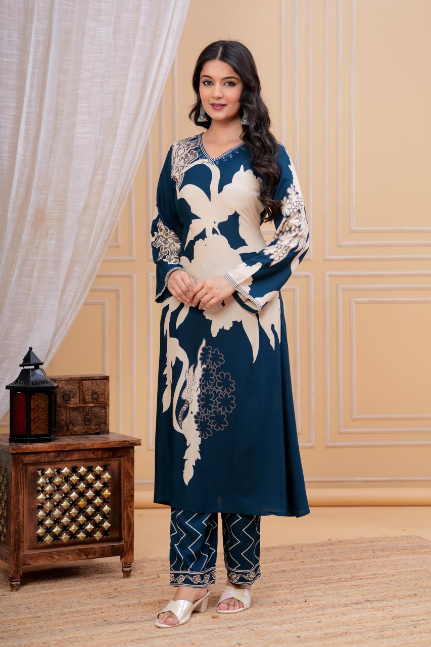 Dischange Printed V Neck Hand Work Green A-line Kurta with Pant