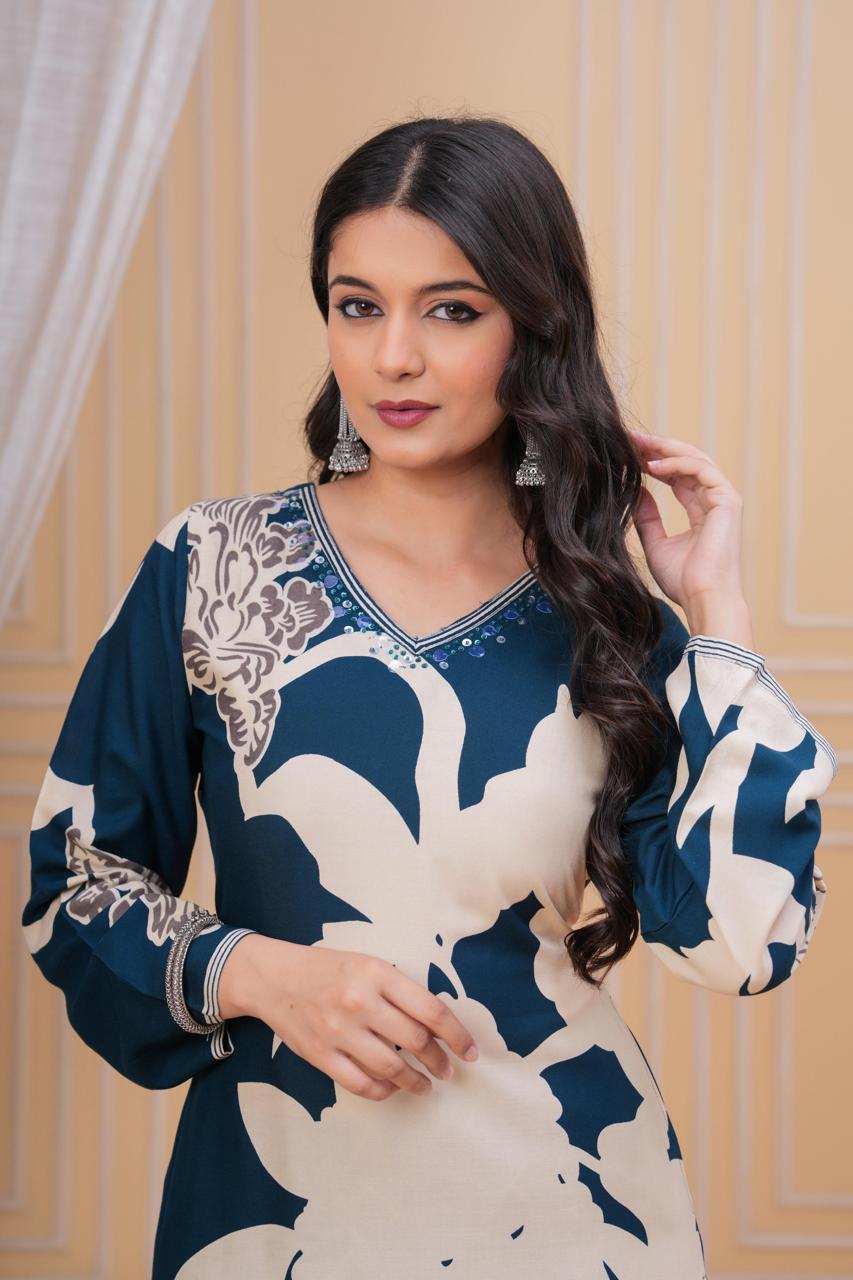 Dischange Printed V Neck Hand Work Green A-line Kurta with Pant