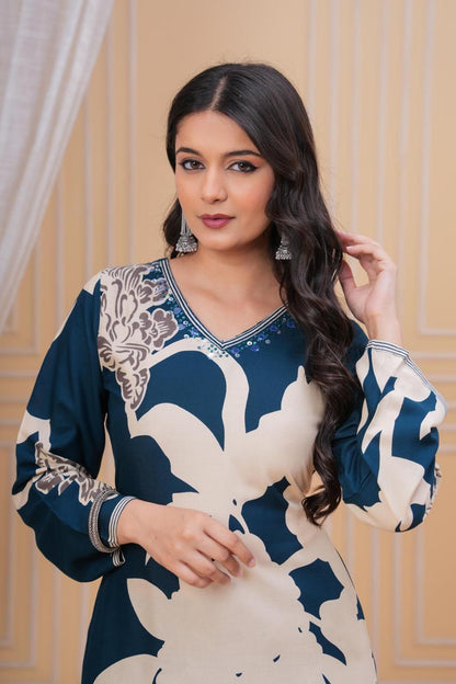 Dischange Printed V Neck Hand Work Green A-line Kurta with Pant