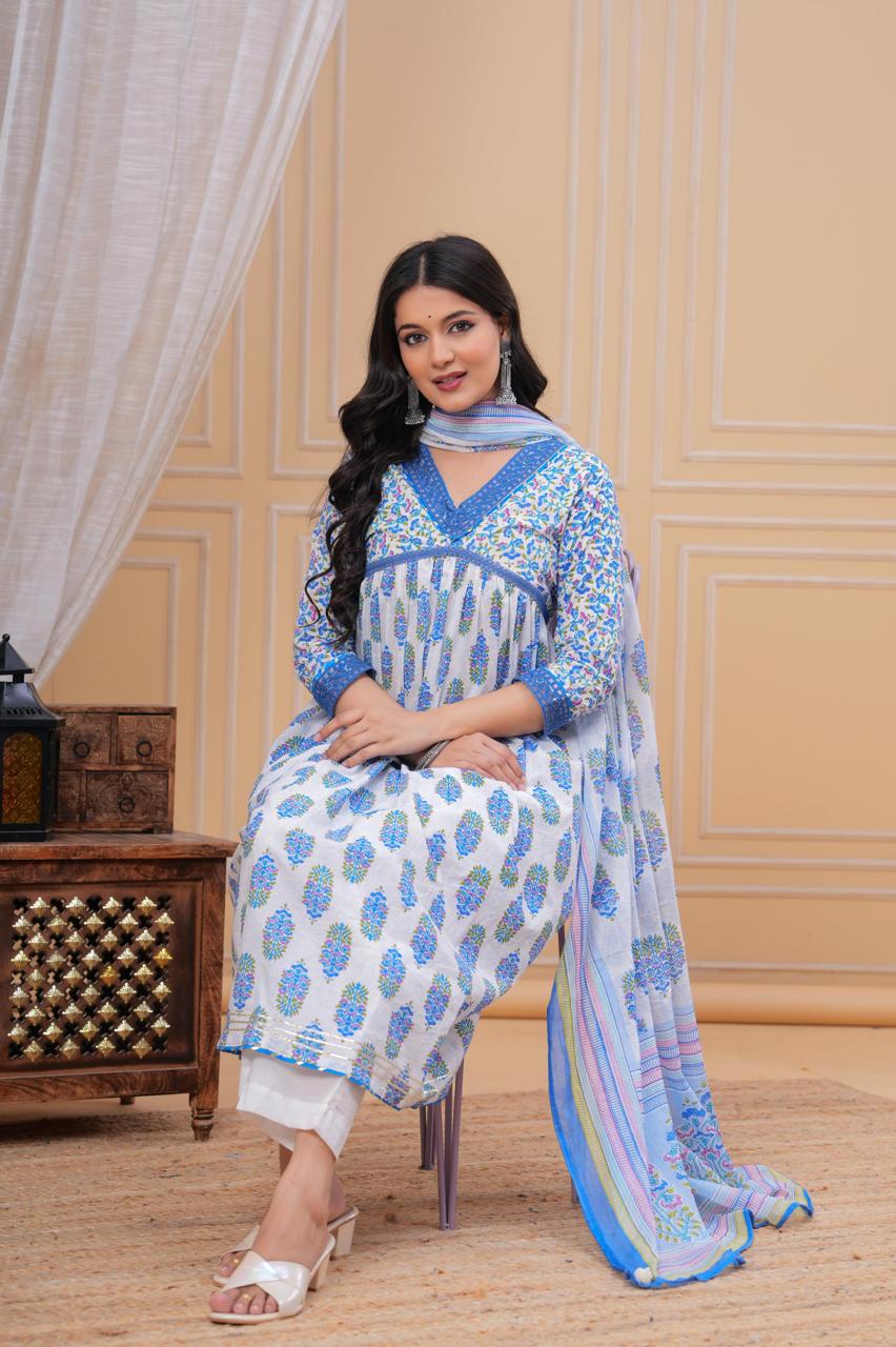 Printed Blue Flower A-line V-Neck Kurta with Pant and Dupatta
