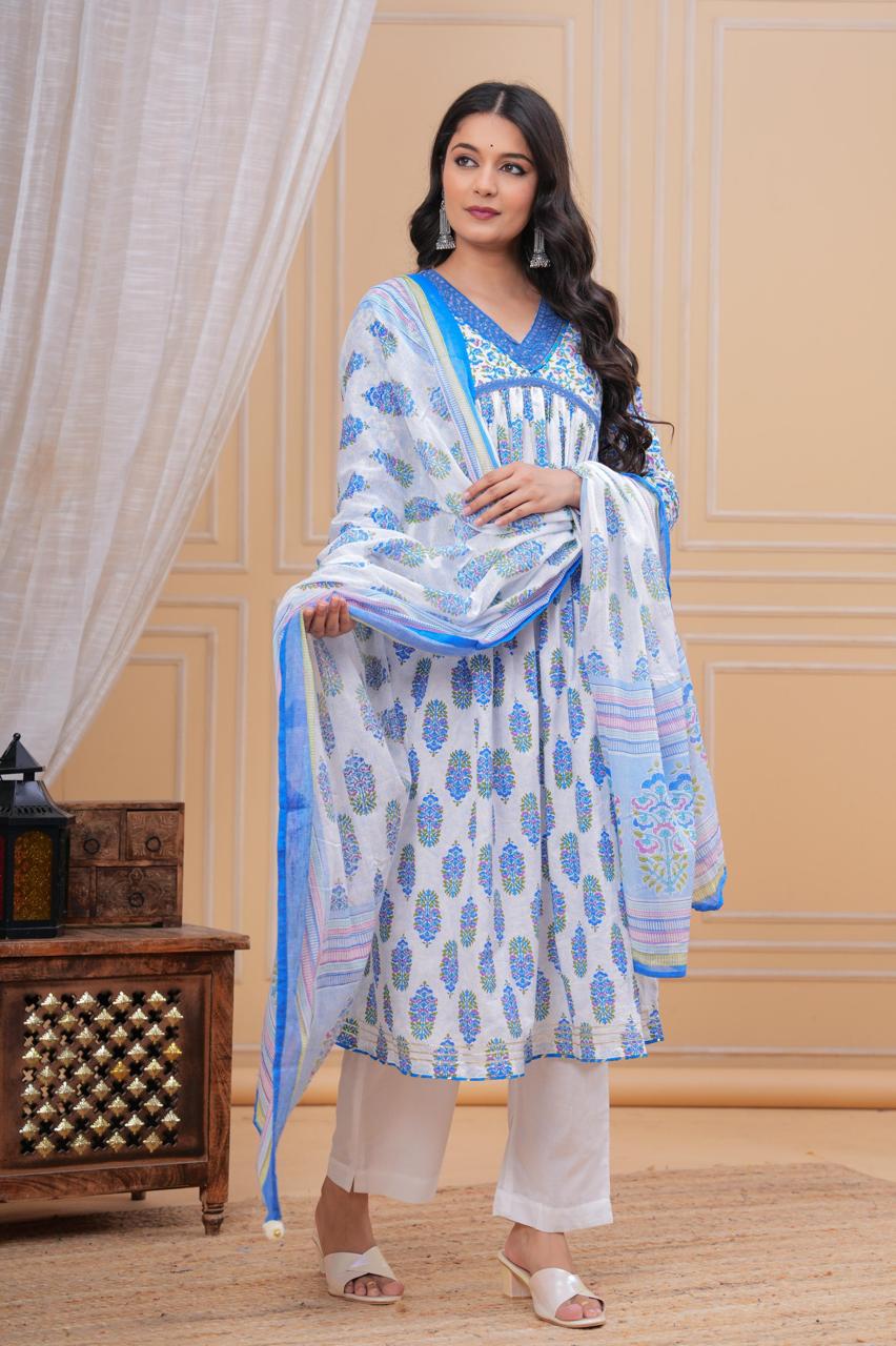 Printed Blue Flower A-line V-Neck Kurta with Pant and Dupatta