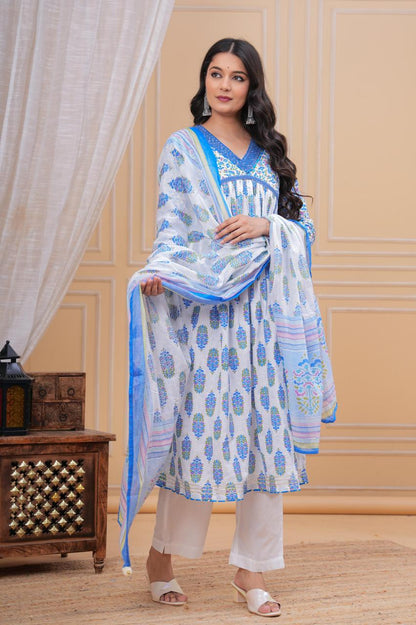 Printed Blue Flower A-line V-Neck Kurta with Pant and Dupatta