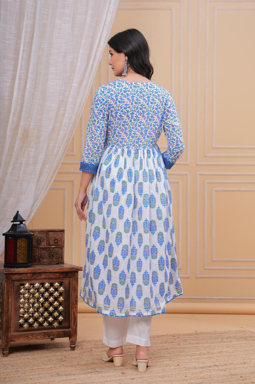 Printed Blue Flower A-line V-Neck Kurta with Pant and Dupatta