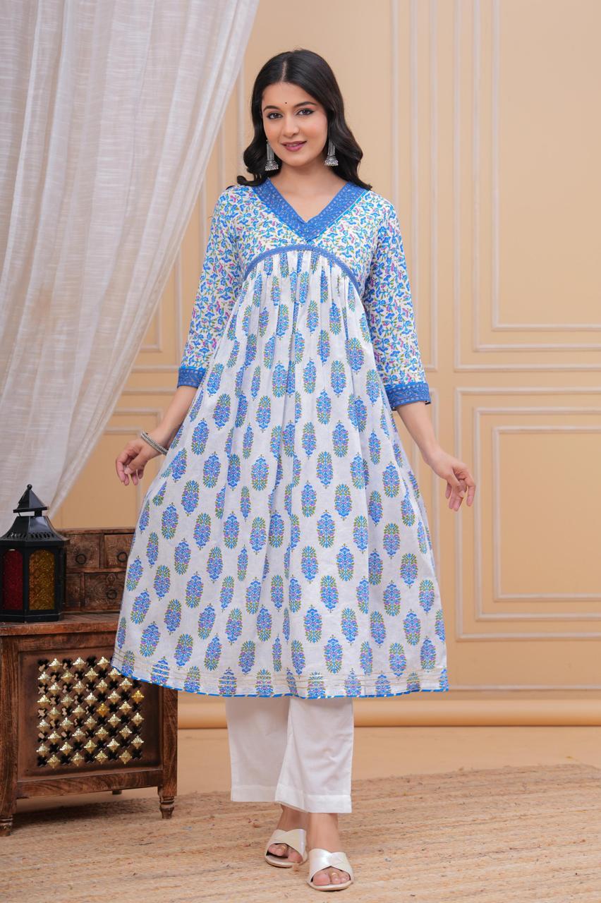 Printed Blue Flower A-line V-Neck Kurta with Pant and Dupatta