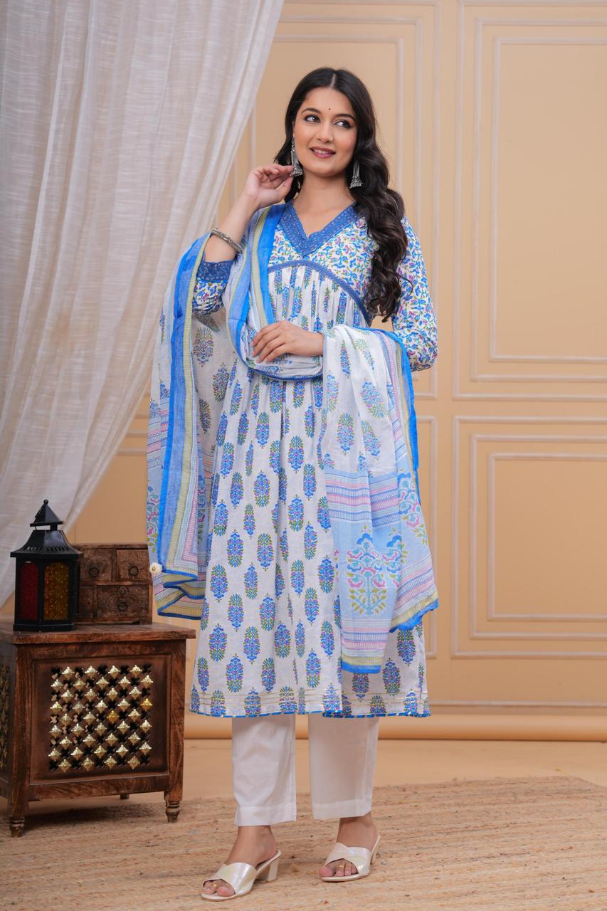 Printed Blue Flower A-line V-Neck Kurta with Pant and Dupatta