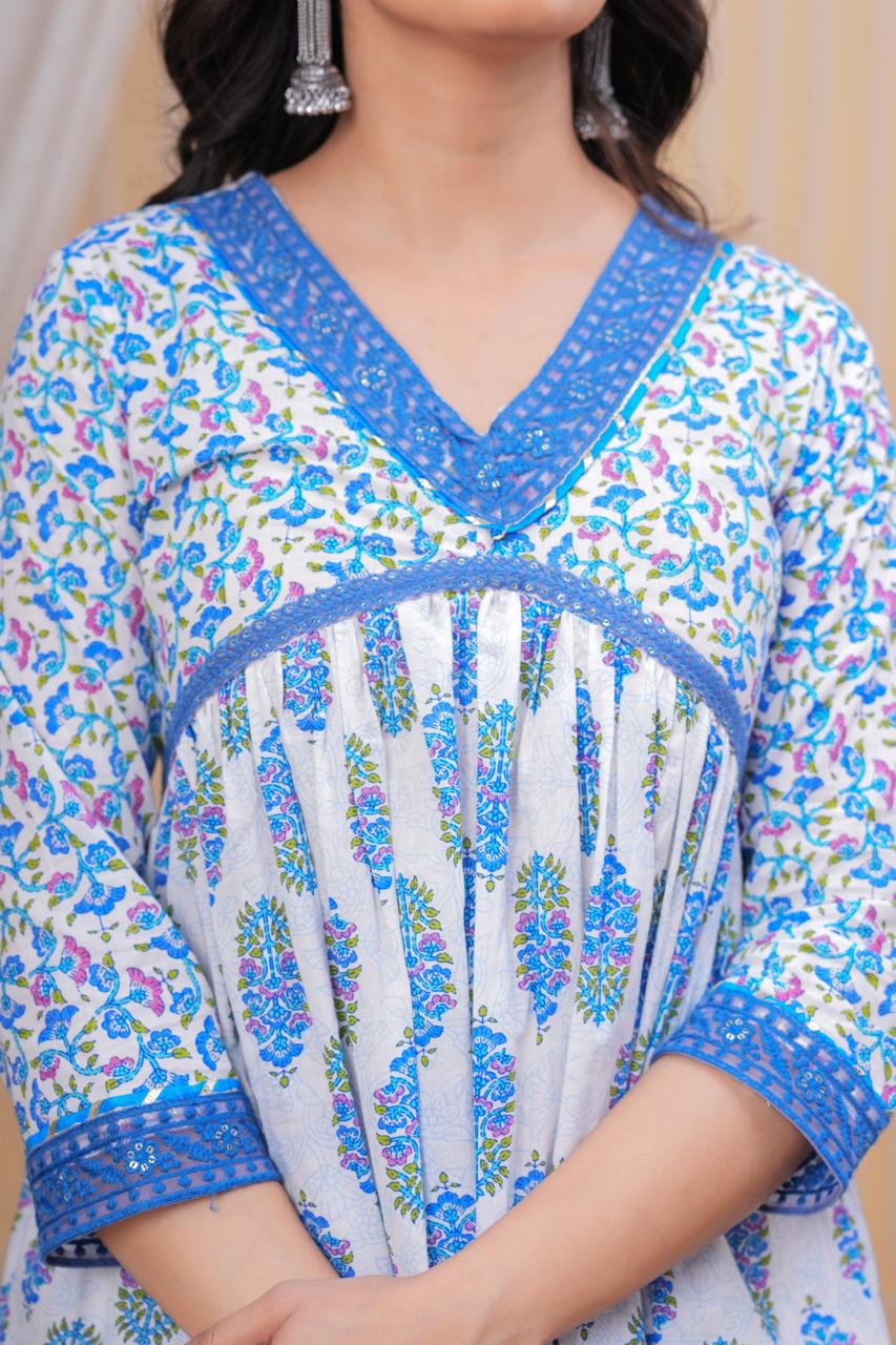 Printed Blue Flower A-line V-Neck Kurta with Pant and Dupatta