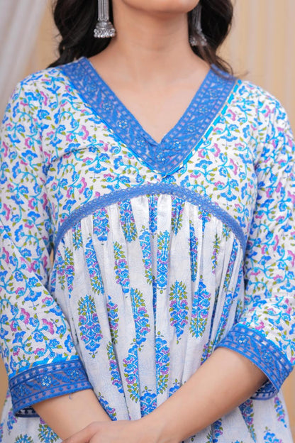Printed Blue Flower A-line V-Neck Kurta with Pant and Dupatta