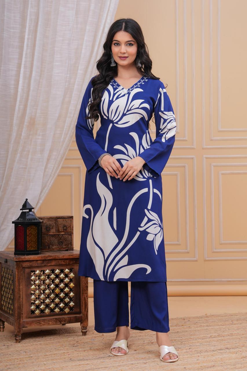 Discharge Printed V Neck Hand Work Blue Flower A-line Kurta Pant with Pant