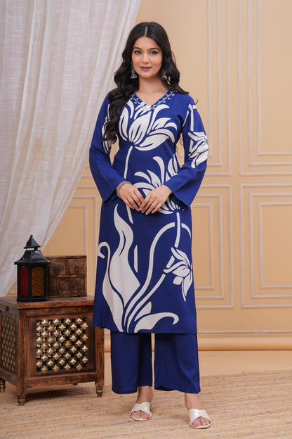 Discharge Printed V Neck Hand Work Blue Flower A-line Kurta Pant with Pant