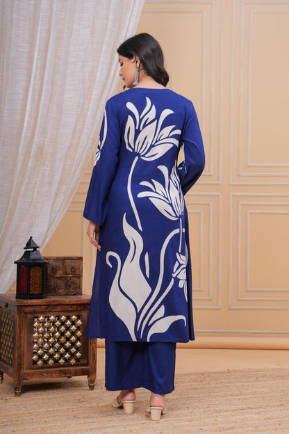 Discharge Printed V Neck Hand Work Blue Flower A-line Kurta Pant with Pant
