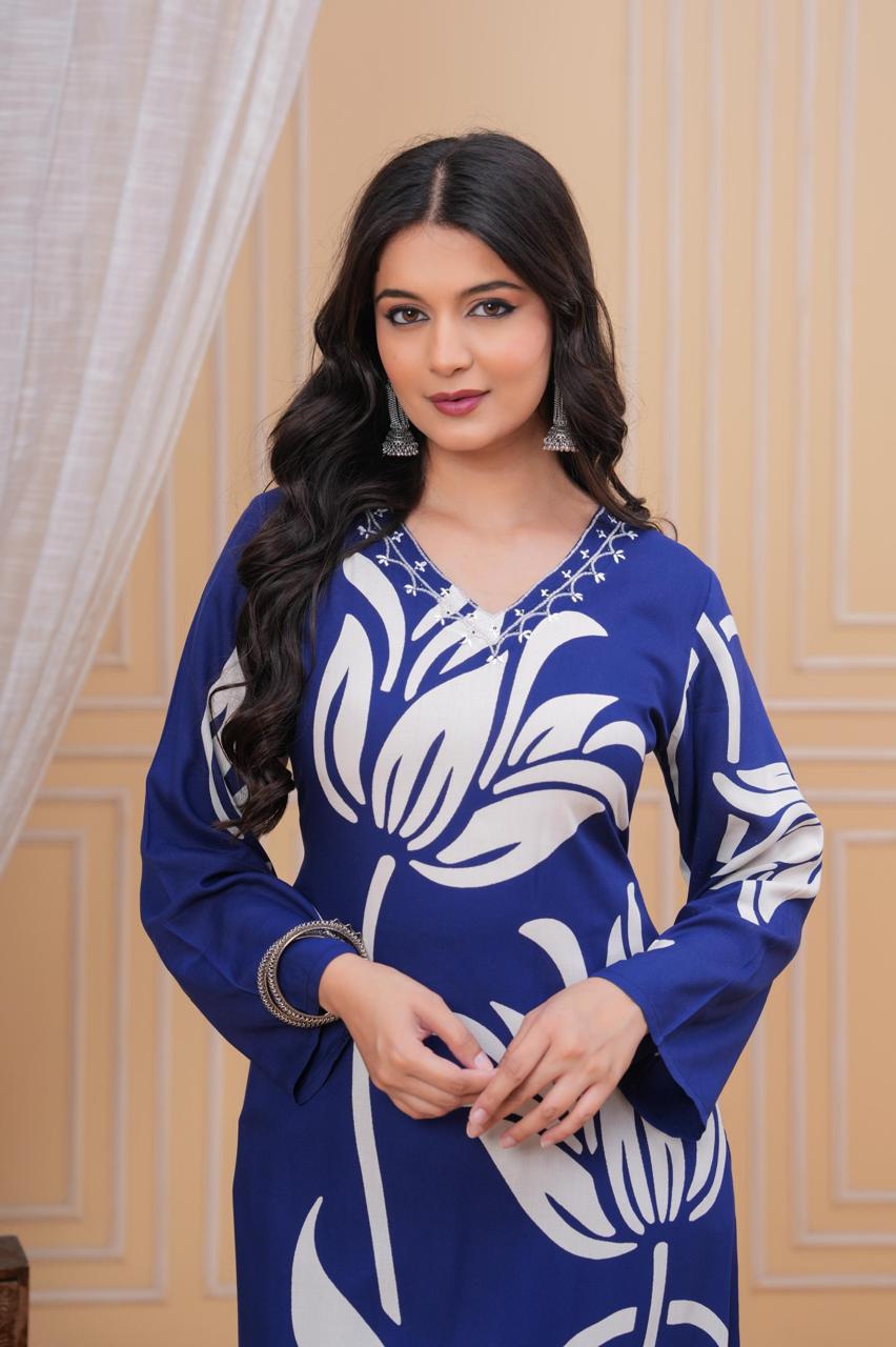 Discharge Printed V Neck Hand Work Blue Flower A-line Kurta Pant with Pant