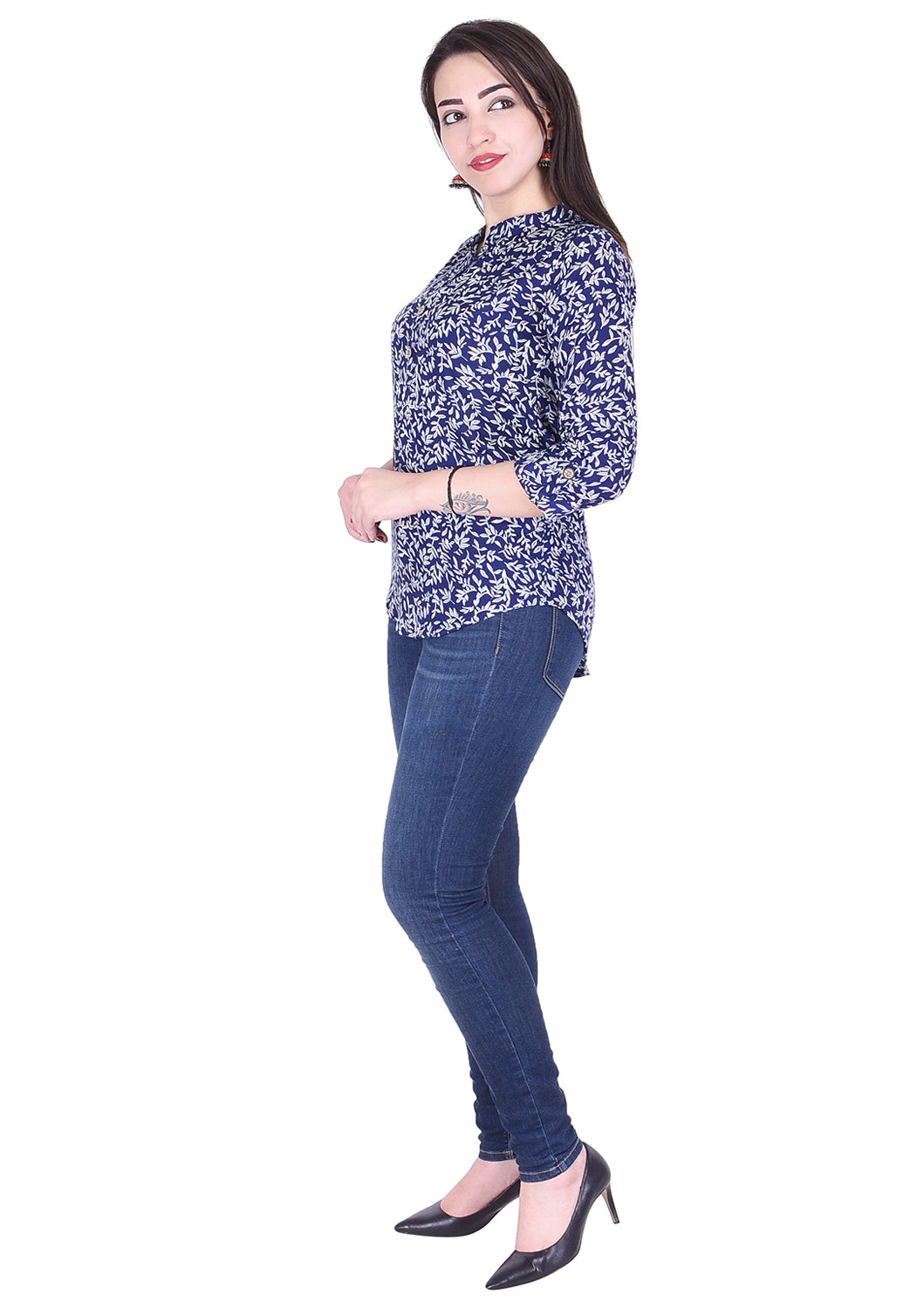 Casual 3/4th Sleeve Blue Flower Printed Top