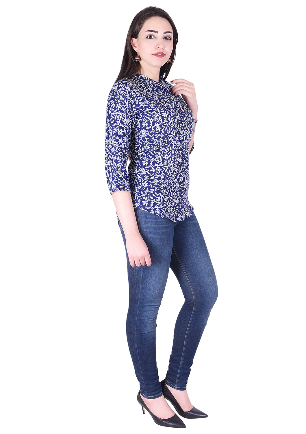 Casual 3/4th Sleeve Blue Flower Printed Top