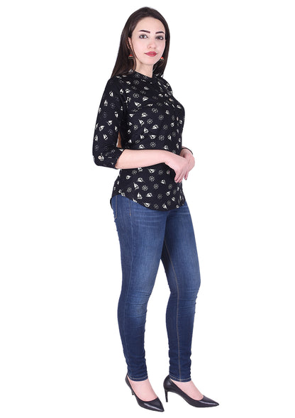 Casual 3/4th Sleeve Black Printed Top