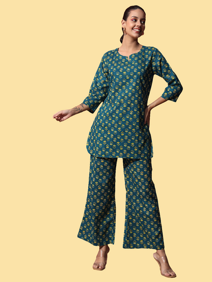 Green Yellow Booti Printed Cotton Co-Ord Set with Pallazo