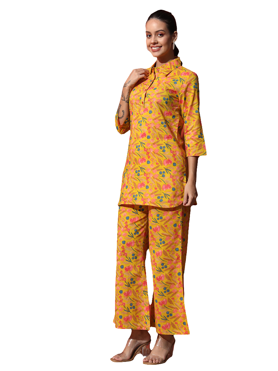 Mustard Yellow Floral Printed Cotton Top with Trouser Co-Ord Set